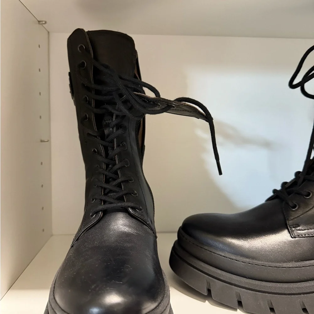 NeroGiardini Black Leather Mid-Calf Combat Boots  Made in Italy Size 38 - Picture 4 of 9